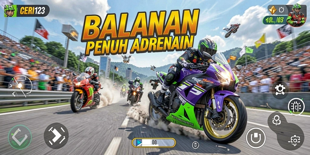 Tampilan utama gameplay CERI123 dengan balapan motor yang seru.