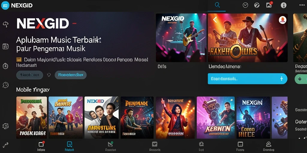 Screenshot NEXGID menampilkan pengguna menikmati berbagai lagu di aplikasi.