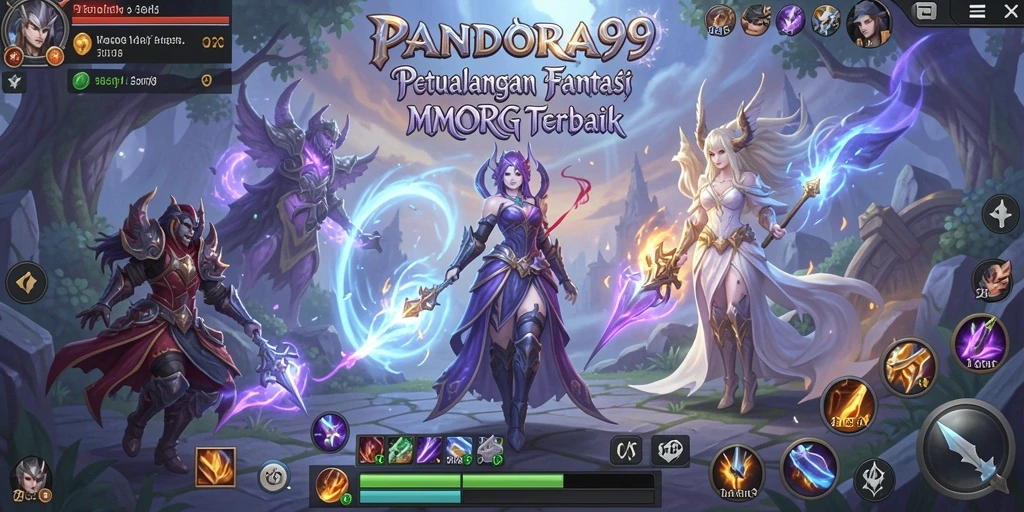 Menampilkan aksi seru dalam gameplay PANDORA99 dengan karakter dan monster fantasi.
