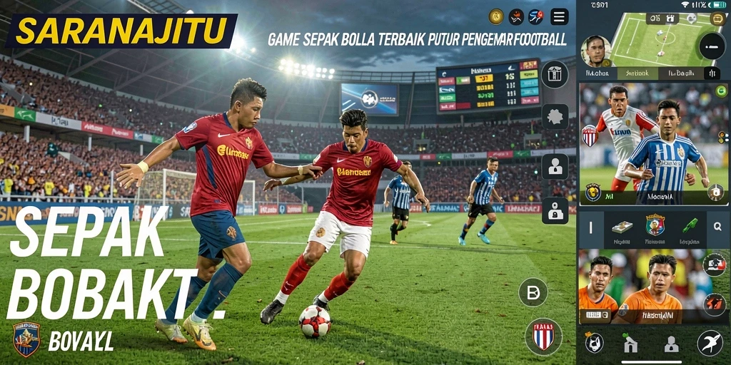 Screenshot utama SARANAJITU menampilkan gameplay dinamis sepak bola.