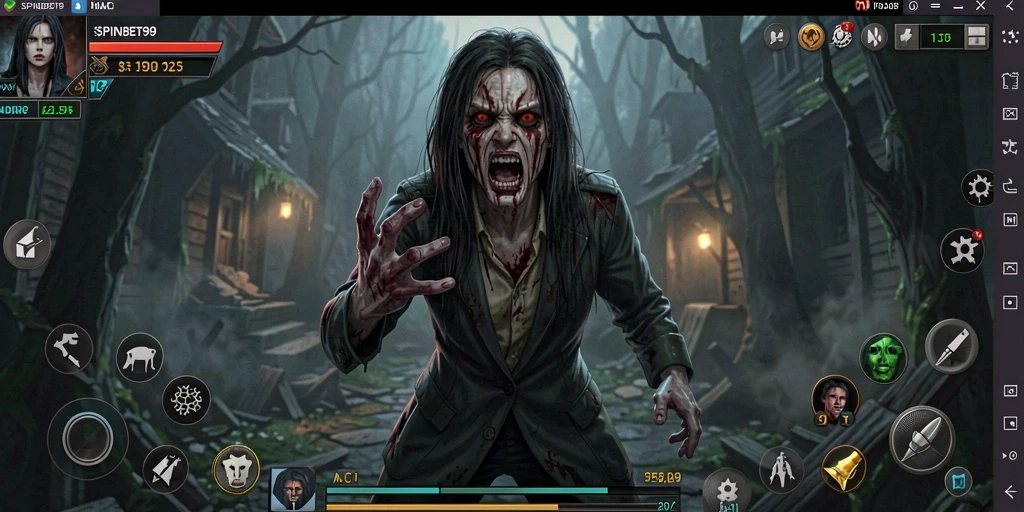 Screenshot gameplay SPINBET99 menunjukkan suasana horor yang mencekam.